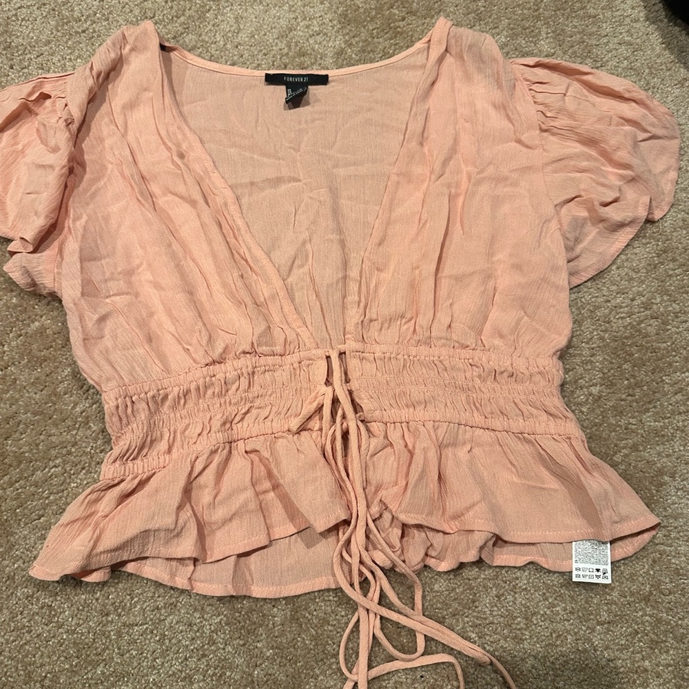 Forever 21 Pink Flutter Sleeve Blouse with Tie Front
